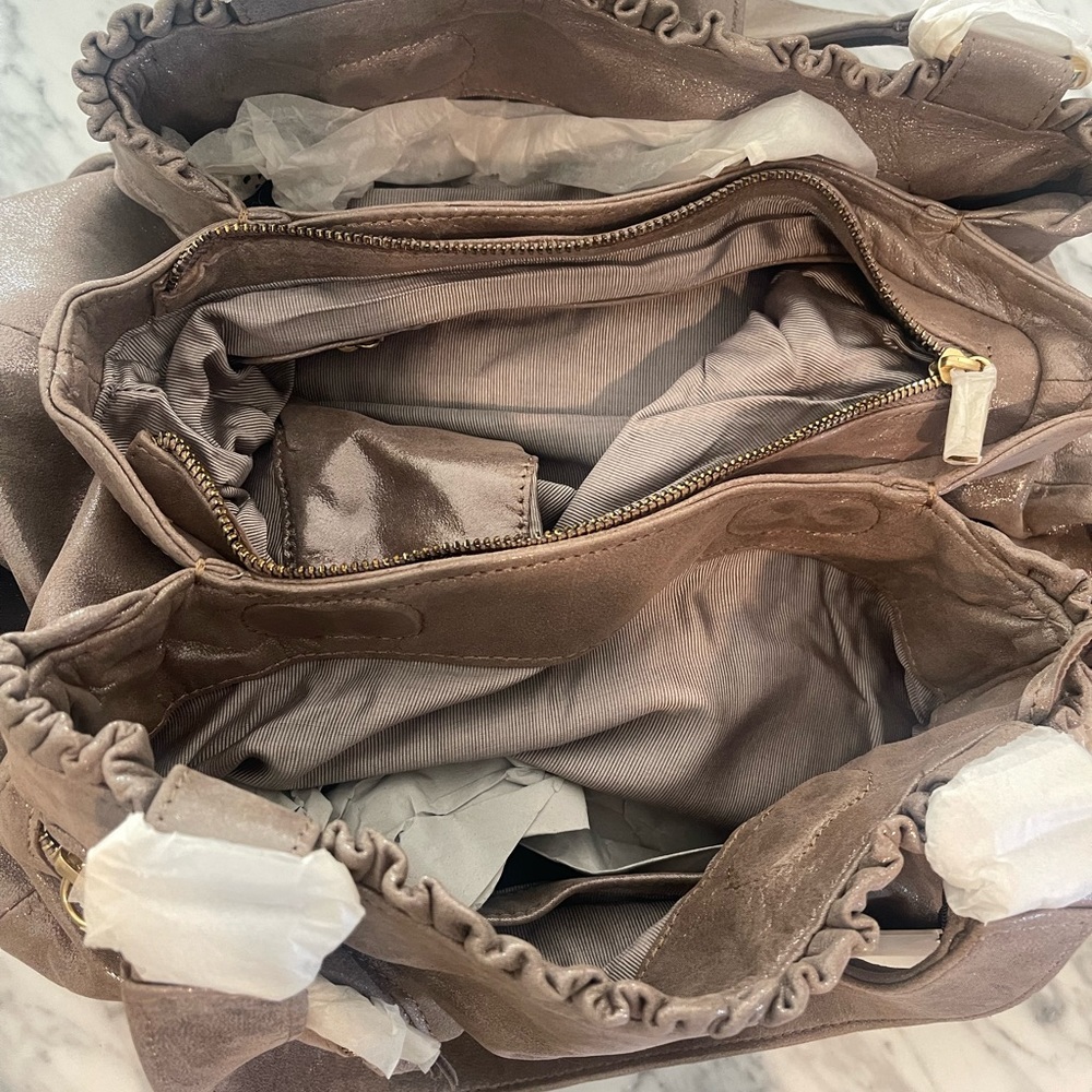 NWT Treesje Metallic Taupe Gray Leather Handbag - Picture 4 of 5